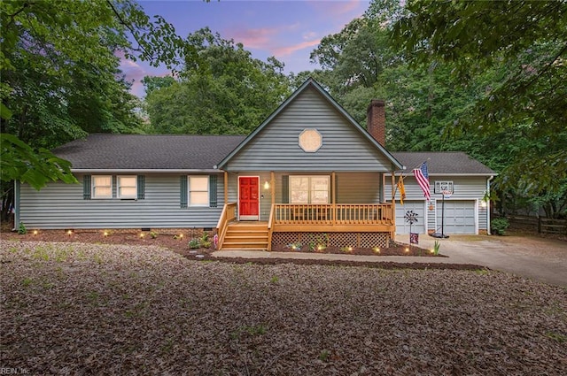 3408 Waterview Rd, Toano, VA 23168 - view of front of home featuring covered porch, concrete driveway, a garage, crawl space, and a chimney