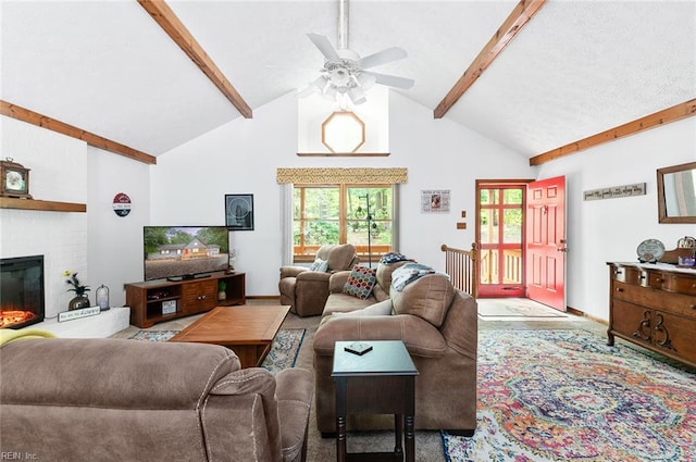 3408 Waterview Rd, Toano, VA 23168 - living room with beamed ceiling, a ceiling fan, high vaulted ceiling, a brick fireplace, and baseboards