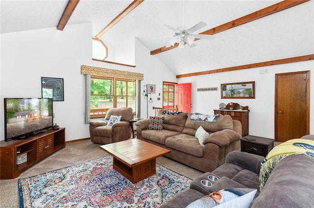 3408 Waterview Rd, Toano, VA 23168 - carpeted living room with beam ceiling, a ceiling fan, high vaulted ceiling, and baseboards