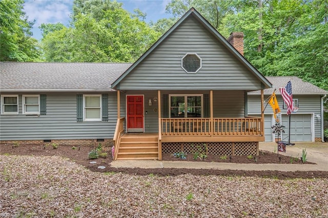 3408 Waterview Rd, Toano, VA 23168 - view of front facade featuring a porch, crawl space, a chimney, roof with shingles, and a garage