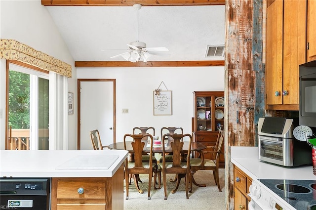 3408 Waterview Rd, Toano, VA 23168 - kitchen featuring light countertops, brown cabinets, carpet floors, ceiling fan, and vaulted ceiling