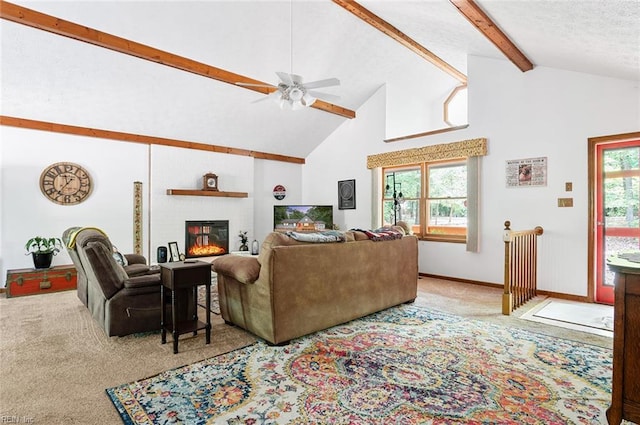 3408 Waterview Rd, Toano, VA 23168 - living area featuring carpet, beamed ceiling, plenty of natural light, a ceiling fan, and a large fireplace