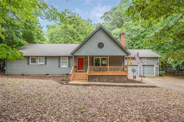 3408 Waterview Rd, Toano, VA 23168 - view of front of house featuring covered porch, crawl space, driveway, and a chimney