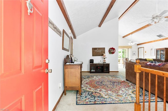 3408 Waterview Rd, Toano, VA 23168 - foyer with a ceiling fan, baseboards, light colored carpet, and a textured ceiling