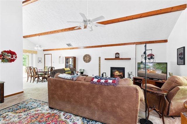 3408 Waterview Rd, Toano, VA 23168 - living area featuring carpet floors, ceiling fan, high vaulted ceiling, a glass covered fireplace, and beam ceiling