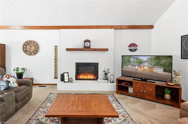 3408 Waterview Rd, Toano, VA 23168 - carpeted living area with beamed ceiling and a fireplace