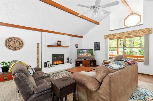 3408 Waterview Rd, Toano, VA 23168 - carpeted living area with beam ceiling, high vaulted ceiling, ceiling fan, a fireplace, and baseboards