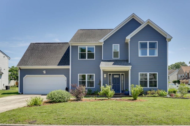 2825 Ridgeboard Pl, Chesapeake, VA 23323 - view of front of home with a front yard, an attached garage, concrete driveway, and central AC