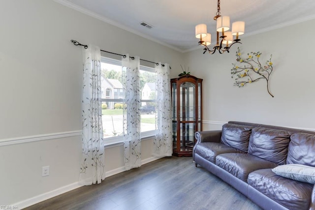 2825 Ridgeboard Pl, Chesapeake, VA 23323 - living area with a chandelier, wood finished floors, ornamental molding, and baseboards