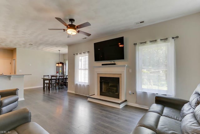 2825 Ridgeboard Pl, Chesapeake, VA 23323 - living room with a ceiling fan, dark wood-style flooring, and baseboards