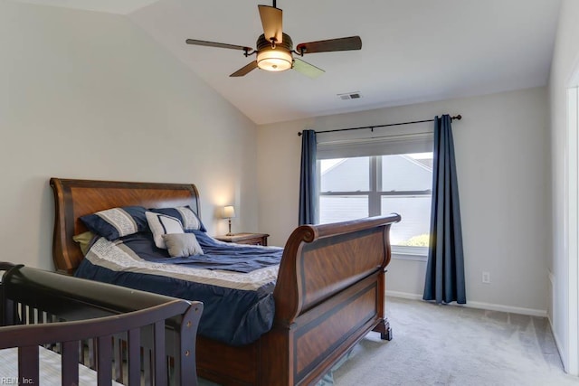 2825 Ridgeboard Pl, Chesapeake, VA 23323 - bedroom with vaulted ceiling, baseboards, light colored carpet, and ceiling fan