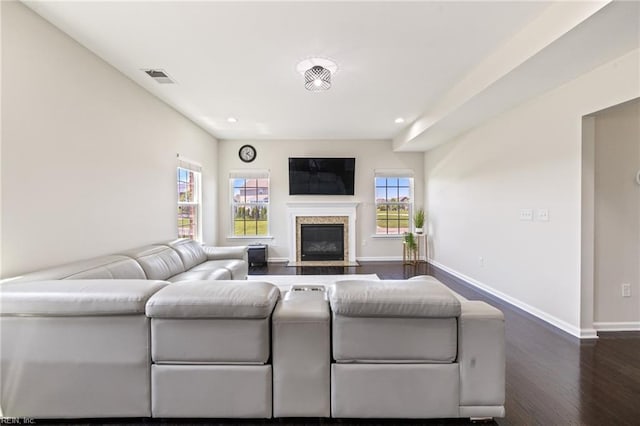 1925 Dale Greene Pl, Virginia Beach, VA 23456 - living room with dark wood finished floors, a fireplace, baseboards, and recessed lighting