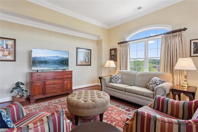 5414 Foundation St, Williamsburg, VA 23188 - living area featuring wood finished floors, baseboards, and crown molding