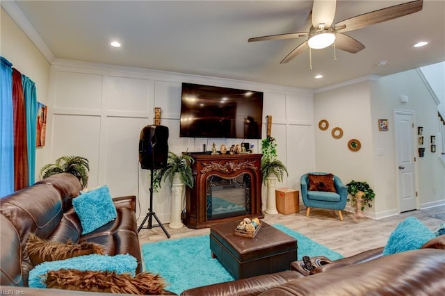 101 Utah St, Portsmouth, VA 23701 - living area with a premium fireplace, a ceiling fan, wood finished floors, recessed lighting, and baseboards