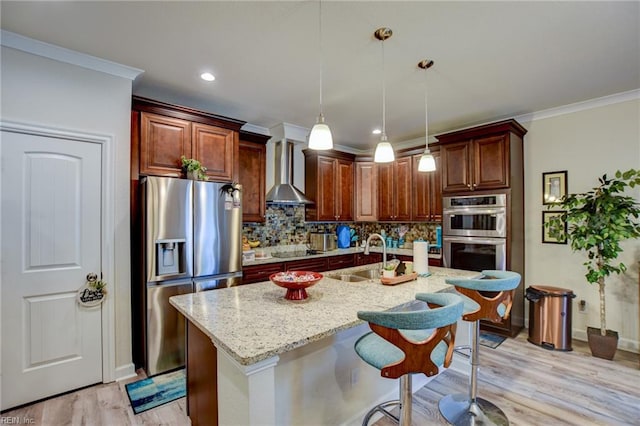 101 Utah St, Portsmouth, VA 23701 - kitchen featuring stainless steel appliances, a sink, wall chimney range hood, decorative backsplash, and light stone countertops