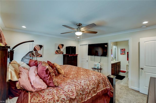 101 Utah St, Portsmouth, VA 23701 - bedroom with light carpet, recessed lighting, crown molding, a ceiling fan, and connected bathroom