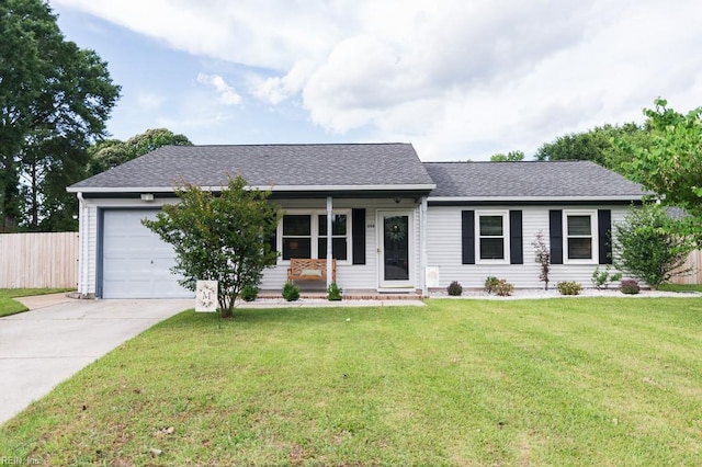 1 Lake Walk Xing, Hampton, VA 23666 - ranch-style home with an attached garage, driveway, a shingled roof, and a porch