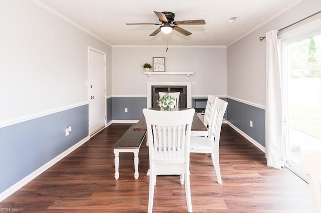 1 Lake Walk Xing, Hampton, VA 23666 - dining space featuring a ceiling fan, wood finished floors, baseboards, crown molding, and a fireplace