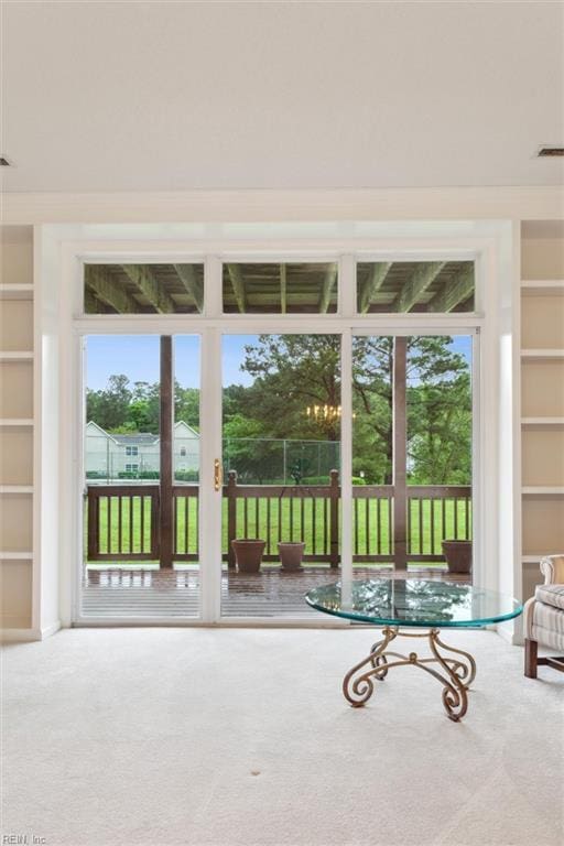 145 Shoal Crk, Williamsburg, VA 23188 - doorway featuring built in features and carpet flooring