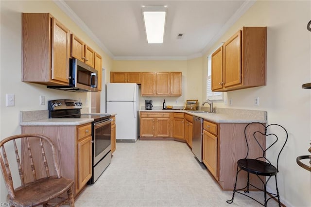 145 Shoal Crk, Williamsburg, VA 23188 - kitchen with stainless steel appliances, a sink, light flooring, ornamental molding, and light countertops