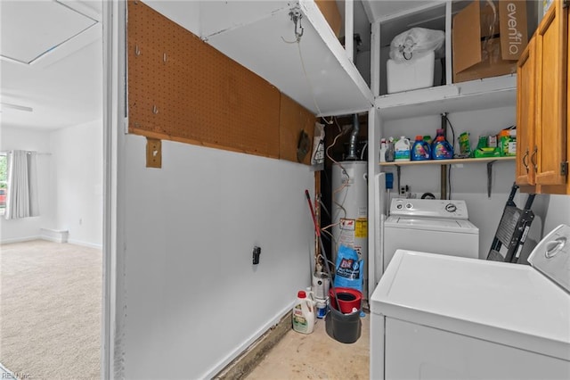 8332 Halprin Dr, Norfolk, VA 23518 - laundry area with washer and dryer, water heater, cabinet space, and baseboards