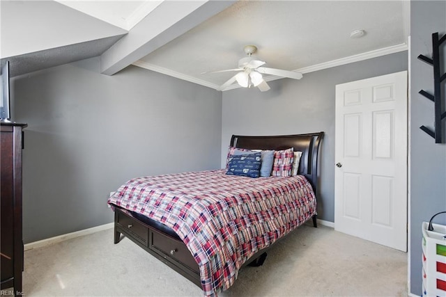 713 Quesnel Dr, Virginia Beach, VA 23454 - bedroom featuring carpet, beam ceiling, crown molding, baseboards, and a ceiling fan