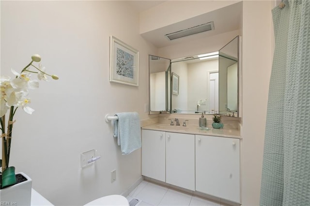 4401 Leatherwood Dr, Virginia Beach, VA 23462 - bathroom featuring toilet, vanity, tile patterned flooring, a shower with shower curtain, and baseboards