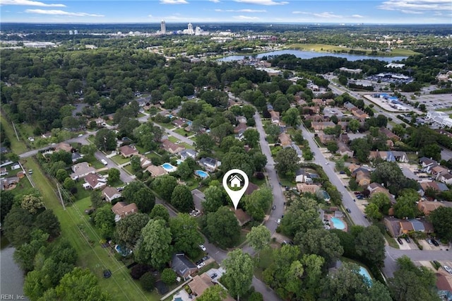 4401 Leatherwood Dr, Virginia Beach, VA 23462 - aerial view of property and surrounding area featuring a large body of water, nearby suburban area, and a tree filled landscape
