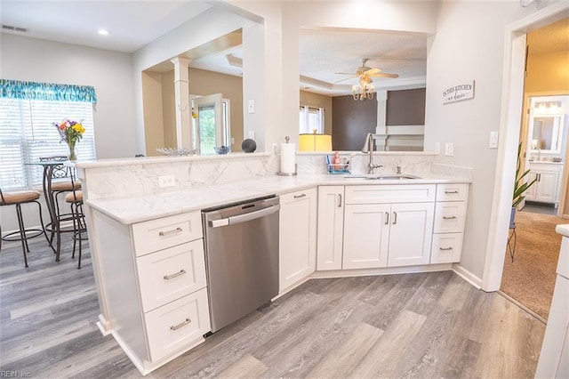 1660 Chestwood Dr, Virginia Beach, VA 23453 - kitchen featuring dishwasher, a sink, a ceiling fan, light wood-type flooring, and recessed lighting