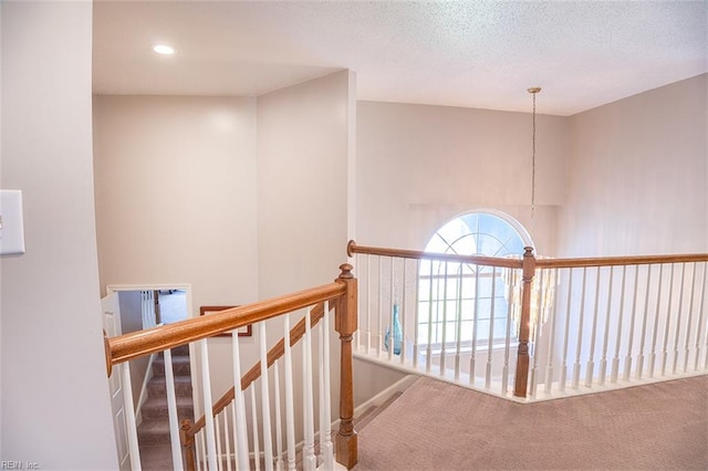 1660 Chestwood Dr, Virginia Beach, VA 23453 - corridor with carpet flooring, an upstairs landing, recessed lighting, a chandelier, and a textured ceiling