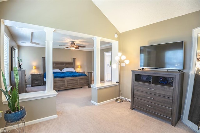 1660 Chestwood Dr, Virginia Beach, VA 23453 - bedroom with decorative columns, light colored carpet, baseboards, and lofted ceiling