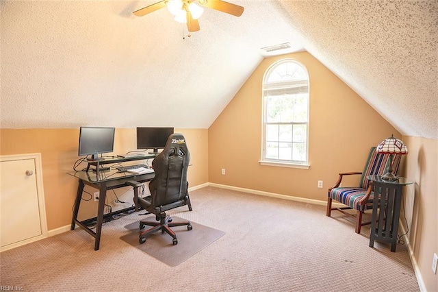 1660 Chestwood Dr, Virginia Beach, VA 23453 - home office featuring a textured ceiling, carpet floors, lofted ceiling, ceiling fan, and baseboards