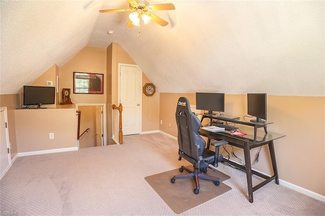 1660 Chestwood Dr, Virginia Beach, VA 23453 - home office with carpet floors, baseboards, vaulted ceiling, a ceiling fan, and a textured ceiling