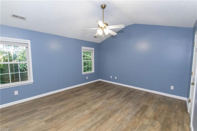 505 Plantation Rd, North, VA 23128 - unfurnished room with wood finished floors, ceiling fan, vaulted ceiling, and baseboards