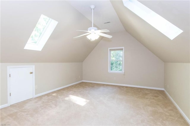 505 Plantation Rd, North, VA 23128 - bonus room with a skylight, light colored carpet, ceiling fan, vaulted ceiling, and baseboards
