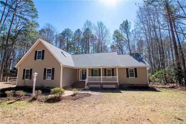 505 Plantation Rd, North, VA 23128 - view of front of property with crawl space, a porch, a front yard, and roof with shingles