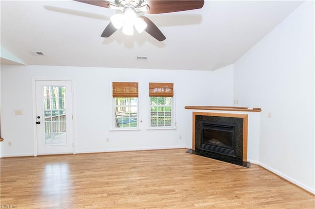 505 Plantation Rd, North, VA 23128 - unfurnished living room with light wood finished floors, a fireplace, baseboards, lofted ceiling, and ceiling fan
