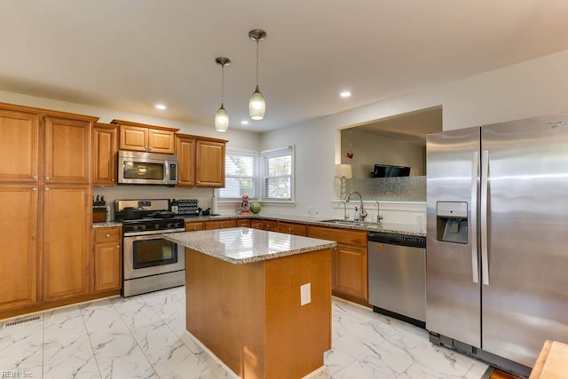 7811 Michael Dr, Norfolk, VA 23505 - kitchen featuring stainless steel appliances, a sink, light marble finish floors, brown cabinets, and recessed lighting