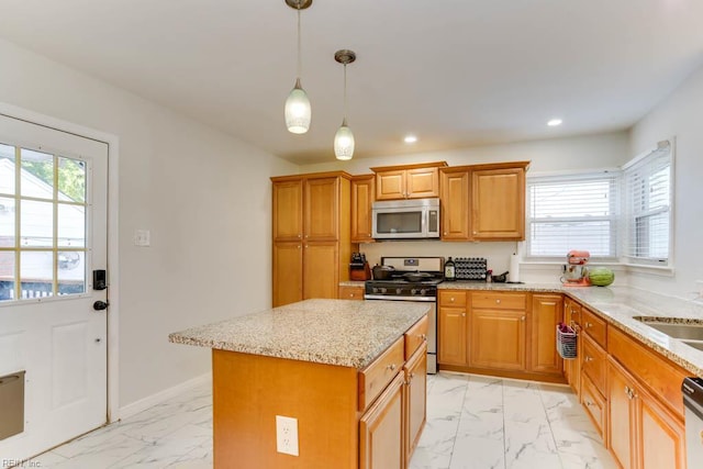 7811 Michael Dr, Norfolk, VA 23505 - kitchen featuring stainless steel appliances, light marble finish flooring, recessed lighting, light stone counters, and pendant lighting