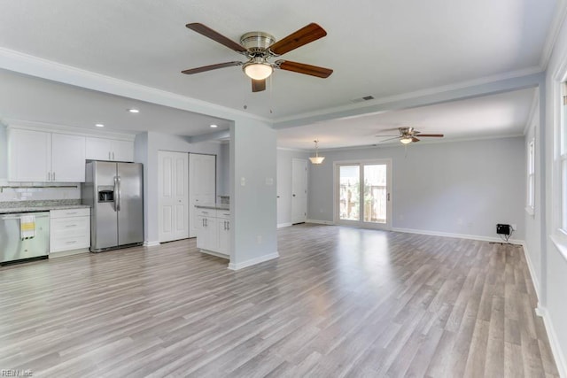 541 Mango Dr, Virginia Beach, VA 23452 - unfurnished living room featuring ceiling fan, light wood-type flooring, baseboards, recessed lighting, and ornamental molding