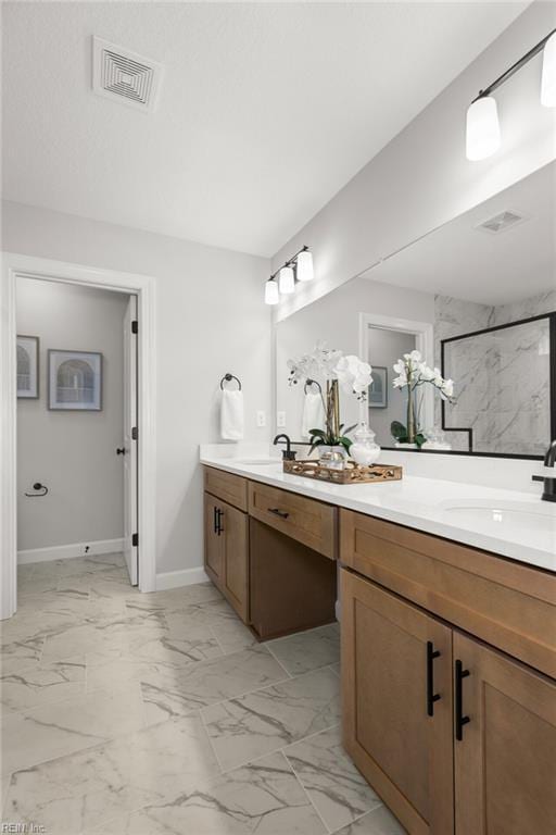 MM SC, Chesapeake, VA 23322 - bathroom with a shower stall, double vanity, marble finish floors, and baseboards