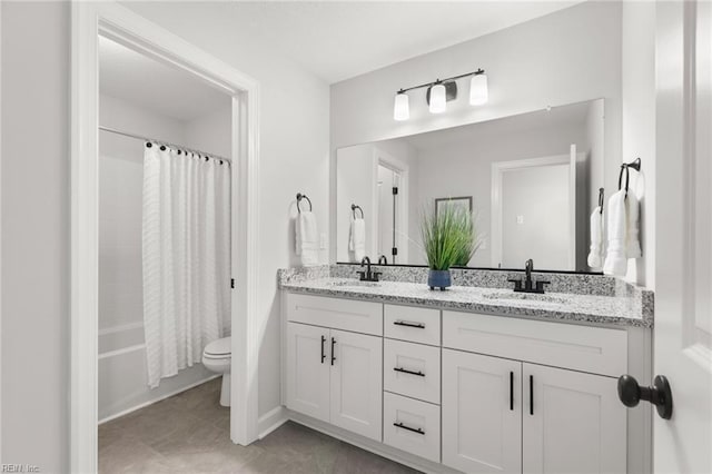 MM SC, Chesapeake, VA 23322 - full bath featuring toilet, double vanity, tile patterned flooring, shower / tub combo with curtain, and baseboards