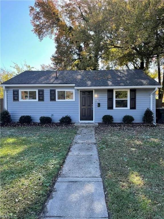 1496 Morgan Dr, Hampton, VA 23663 - ranch-style home with a front yard and a shingled roof