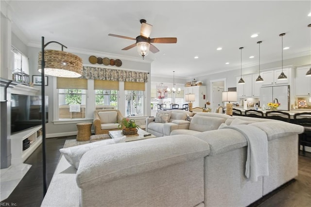 2408 Mathews Green Rd, Virginia Beach, VA 23456 - living room featuring ornamental molding, a ceiling fan, recessed lighting, a chandelier, and dark wood-type flooring