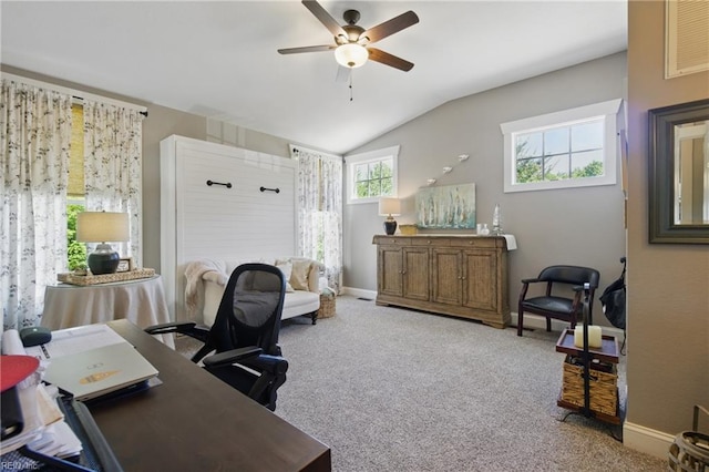 2408 Mathews Green Rd, Virginia Beach, VA 23456 - office area with a ceiling fan, carpet floors, lofted ceiling, and baseboards