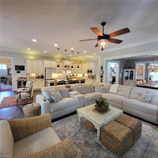 2408 Mathews Green Rd, Virginia Beach, VA 23456 - living room featuring ornamental molding, ceiling fan, recessed lighting, and a chandelier