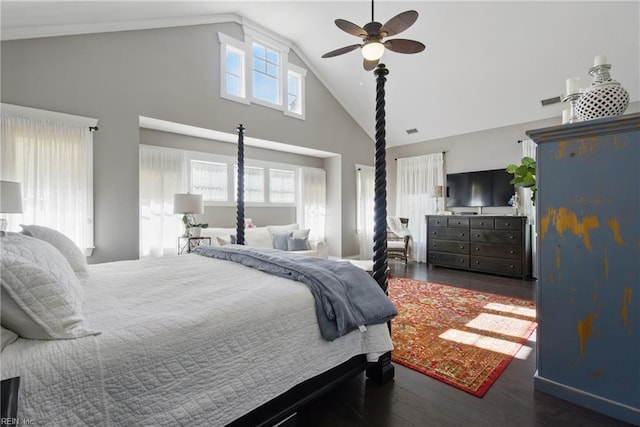 2408 Mathews Green Rd, Virginia Beach, VA 23456 - bedroom with wood finished floors, high vaulted ceiling, multiple windows, and ceiling fan
