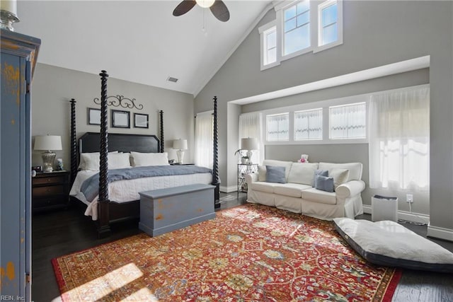 2408 Mathews Green Rd, Virginia Beach, VA 23456 - bedroom with high vaulted ceiling, wood finished floors, baseboards, and ceiling fan