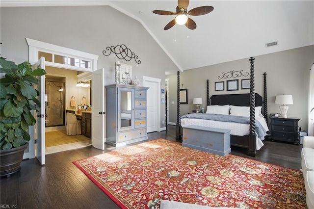 2408 Mathews Green Rd, Virginia Beach, VA 23456 - bedroom featuring high vaulted ceiling, dark wood-style floors, ceiling fan, and baseboards