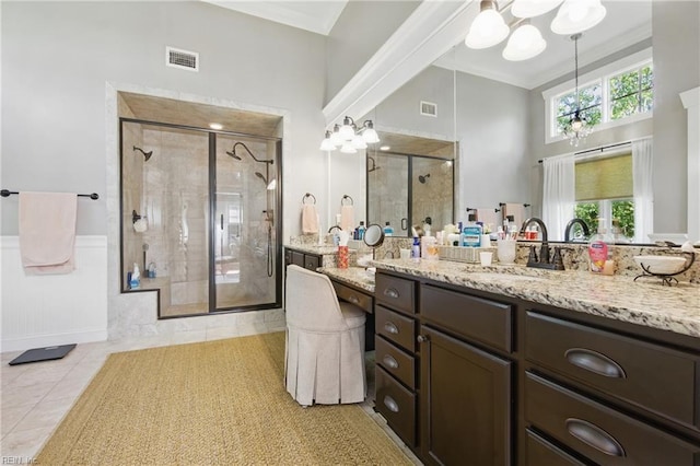 2408 Mathews Green Rd, Virginia Beach, VA 23456 - full bath with a shower stall, vanity, a chandelier, tile patterned flooring, and crown molding
